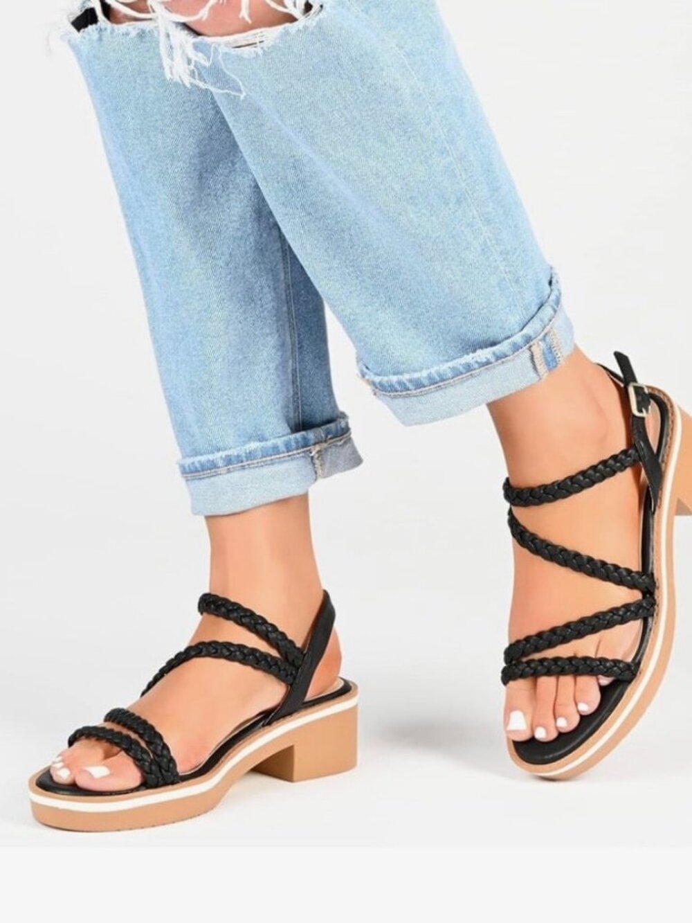 Journee Collection Braided Strap Wedge Sandals Black Size 8